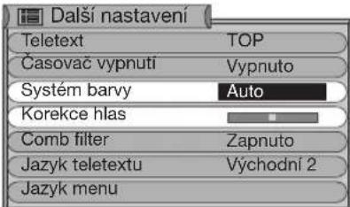 Další nastavení Teletext TOP Časovač vypnuti Vypnuto Systém barvy Auto Korekce hlas Comb filter Zapnuto Jazyk teletextu Východní 2 Jazyk menu