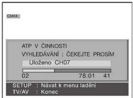 CH44 ATP V ČINNOSTI VYHLEDÁVÁNÍ : ČEKEJTE PROSÍM Uloženo CH07 02 78:01 41 SETUP : Návat k menu ladění TV/AV : Konec