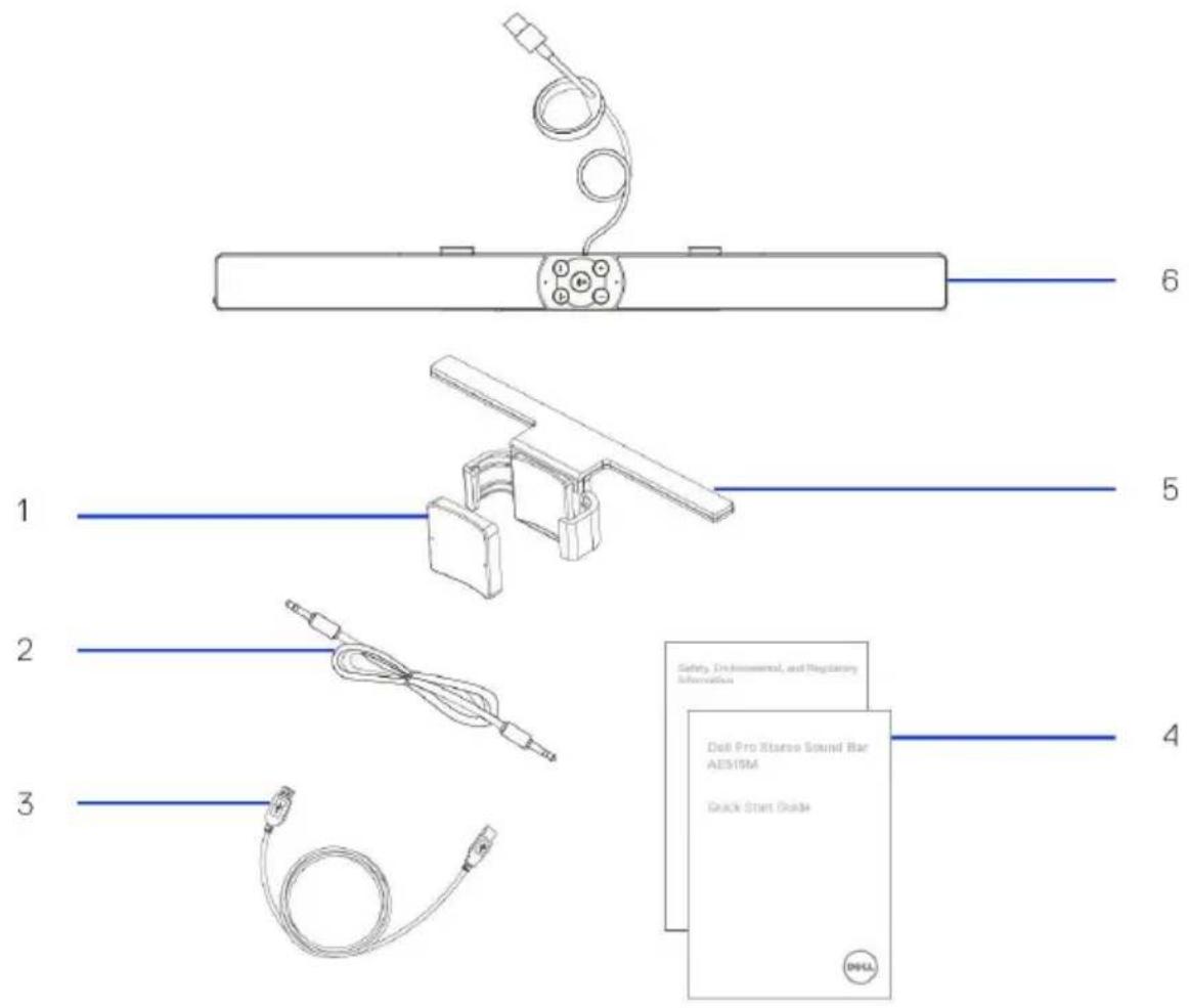 Safety, Environmental, and Regulatory Information Dell Pro Xstero Sound Bar AES15M Quick Start Drill 1 2 3 4 5 6 DOLL