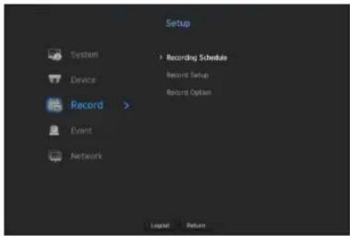 Setup System > Recording Schedule Device > Record Setup Record Option Record > Event Network Legend Return