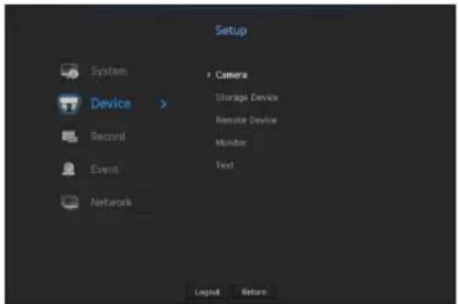 Setup System > Camera Device > Storage Device Record Remote Device Event Monitor Text Network Legend Return
