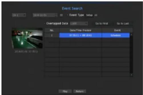 Event Search OR 1 2014-01-05 Event Type Setup All Overlapped Data Go to First Go to Last No. Date/Time Preview Event B 07:35.11 - 08:30:45 Schedule Play Return