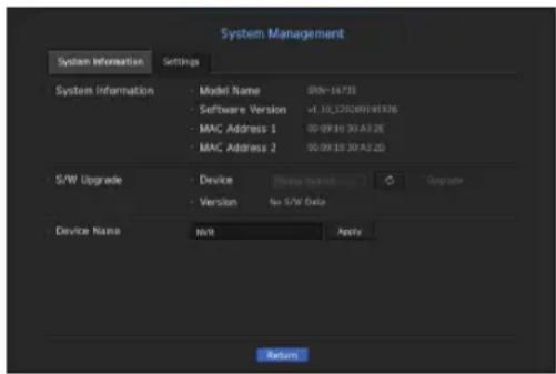System Management System Information Settings System Information Model Name SRV-16735 Software Version v1.30.27009191926 MAC Address 1 00:09:10 30:A3:2E MAC Address 2 00:09:10 30:A2:2D S/W Upgrade Device Base Switch Upgrade Version No S/W Data Device Name NVR Apply Return