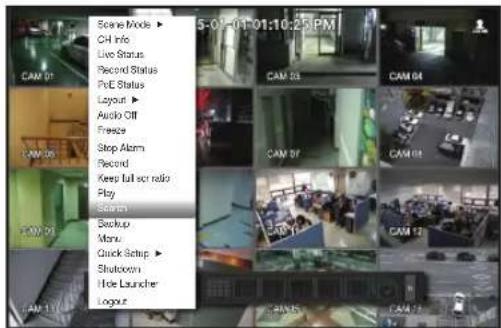 Scene Mode ▶ CPI Info Live Status Record Status PcD Status Layout ▶ Audio Off Freeze Stop Alarm Record Keep full scan ratio Play Scaner Backup Manu Quick Setup ▶ Shutdown Hide Launcher Logout