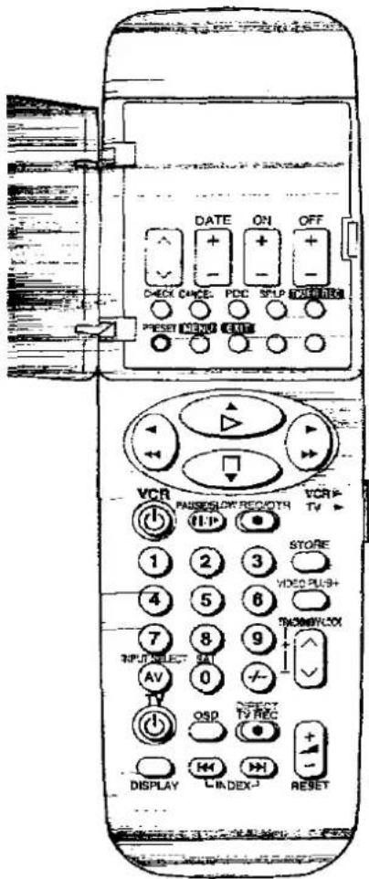 DATE ON OFF. CHECK CANCEL PDC STOP SWITCH. RESET MENU EXIT. VCR PAINTSLOW RECOVTR VCR TV. 1 2 3 STORE. 4 5 6 VIDEO PUSH. 7 8 9 TRANSWLOCI. OUTPUT SELECT SAI AV 0 +/- -. OSP TV REC +. DISPLAY INDEX RESET.