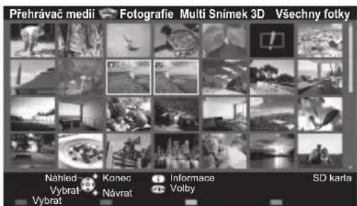 Přehrávač medii Fotografie Multi Snínek 3D Všechny fotky Náhled Konec Informace SD karta Vybrat Návrat Volby Vybrat