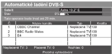 Automatické ladění DVB-S Satélít Astra 19,2° E Stav 0% 100% Tato operace bude lival asi 20 min. Č Název kanálu Typ Kvalita 1 CBBC Channel Neplacené TV 100 2 BBC Radio Wales Neplacené TV 100 3 E4 Neplacené TV 100 Neplacené TV: 3 Placené TV: 0 Rozhlas: 0 Probíha vyhledávání