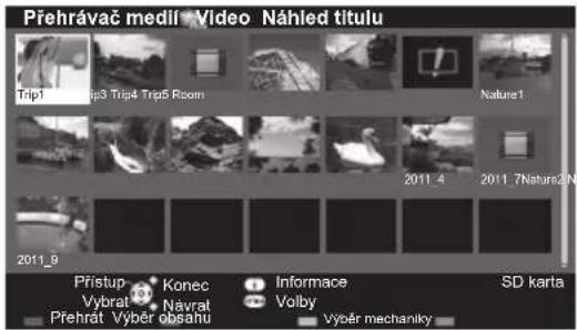 Přehrávač medlí Video Náhled titulu Trip1 Trip3 Trip4 Trip5 Room Nature1 2011_4 2011_7Natura2 N 2011_9 Přistup Konec Informace SD karta Vybrat Návrat Volby Přehrát Vybr obsanu Vybr mechaniky
