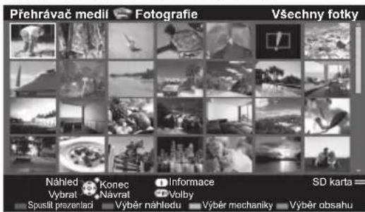 Přehrávač medil Fotografie Všechny fotky Náhled Konec Informace SD karta= Vybrat Navrat Volby Spustil przentlad Výběr náhlédu Výběr mechaniky Výběr obsahu