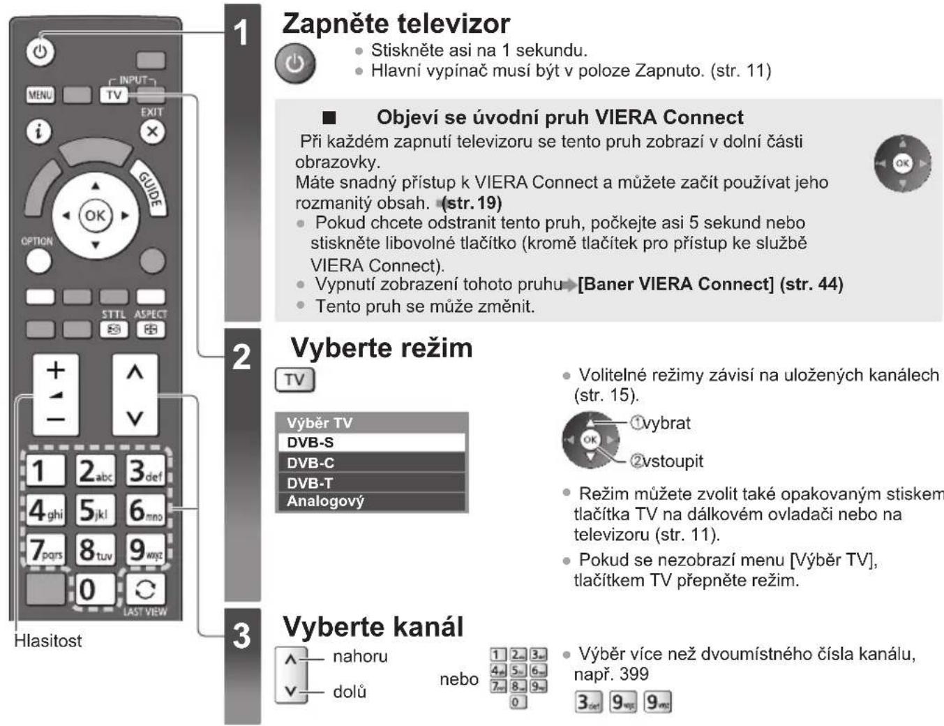 1 Zapněte televizor • Stiskněte asi na 1 sekundu. • Hlavní vypínač musí být v poloze Zapnuto. (str. 11) ■ Objeví se úvodní pruh VIERA Connect Při každém zapnutí televizoru se tento pruh zobrazí v dolní části obrazovky. Máte snadný přístup k VIERA Connect a můžete začít používat jeho rozmanitý obsah. (str. 19) • Pokud chcete odstranit tento pruh, počkejte asi 5 sekund nebo stiskněte libovolné tlačitko (kromě tlačítek pro přístup ke službě VIERA Connect). • Vypnutí zobrazení tohoto pruhu [Baner VIERA Connect] (str. 44) • Tento pruh se může změnit. 2 Vyberte režim TV Výběr TV DVB-S DVB-C DVB-T Analogový 3 Vyberte kanál • nahoru • dolů nebo • Volitelné režimy závisí na uložených kanálech (str. 15). • ①vybrat • ②vstoupit • Režim můžete zvolit také opakovaným stiskem tlačitka TV na dálkovém ovladači nebo na televizoru (str. 11). • Pokud se nezobrazí menu [Výběr TV], tlačítkem TV přepněte režim. • Výběr více než dvoumístného čísla kanálu, např. 399