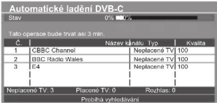 Automatické ladění DVB-C Stav 0% 0% Tato operace bude trvat asi 3 min. Č. Název kánalu Typ Kvalita 1 CBBC Channel Neplacené TV 100 2 BBC Radio Wales Neplacené TV 100 3 E4 Neplacené TV 100 Nepiacené TV: 3 Placené TV: 0 Rozhlas: 0 Probíha vyhlédávání
