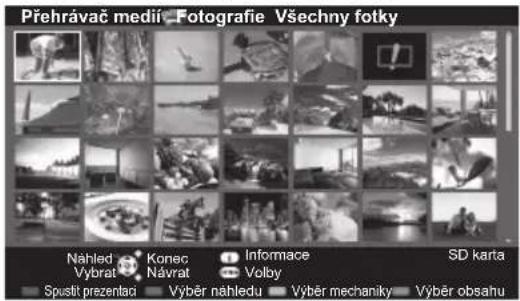 Přehrávač medií - Fotografie Všechny fotky Nähled Konec Informace SD karta Vybrat Návrat Volby Spustí prezentaci Vybré nähledu Vybré mechanik Vybré obsahu