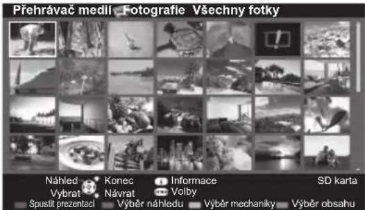 Přehrávač medlí Fotografie Všechny fotky Náhled Konec Informace SD karta Vybrat Návrat Volby Spuslit prezentaci Výběr náhledu Výběr mechaniky Výběr obsahu