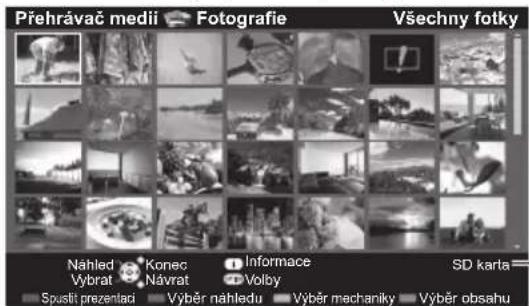 Přehrávač medii Fotografie Všechny fotky Nahled Konec Informace SD karta Vybrat Navrat Volby Spusti prezentad Výběr nähledu Výběr mechaniky Výběr obsahu