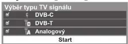 Výběr typu TV signálu ✓ DVB-C ✓ DVB-T ✓ Analogový Start
