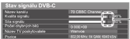 Stav signálu DVB-C Název kanálu 70 CBBC Channel Kvalita signálu 190% Sila signálu 180% Počet chybných bitů 0,00E+00 Název TV poskytovatele Wenvoe Pozice 822,00 MHz, 54 QAM, 6840 kSfs