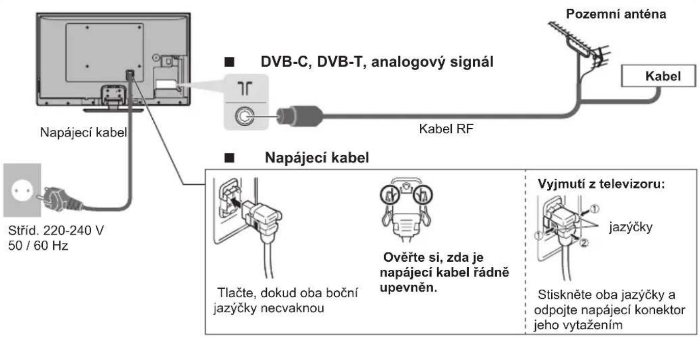 DVB-C, DVB-T, analogový signál Kabel RF Napájecí kabel Stříd. 220-240 V 50 / 60 Hz Napájecí kabel Tlačte, dokud oba boční jazýčky necvaknou Kabel RF Pozemní anténa Kabel Vyjmutí z televizoru: jazýčky Ověřte si, zda je napájecí kabel rádně upevněn. Stiskněte oba jazýčky a odpojte napájecí konektor jeho vytažením