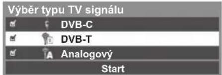 Výběr typu TV signálu ✓ DVB-C ✓ DVB-T ✓ Analogový Start