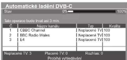 Automatické ladění DVB-C Slav 0% 100% Tato operace bude trvat asi 3 min. Č. Název kanálu Typ Kvalitia 1 CBBC Channel Neplacené TVI 100 2 BBC Radio Wales Neplacené TVI 100 3 E4 Neplacené TVI 100 Nepiacené TV: 3 Placené TV: 0 Rozhlas: 0 Probihá vyhledávání