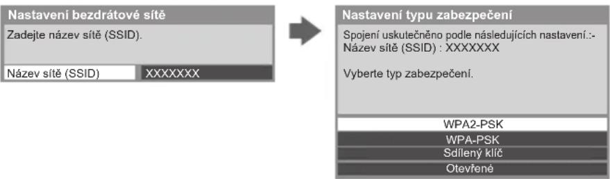 Nastavení bezdrátové sítě Zadejte název sítě (SSID). Název sítě (SSID) : XXXXXXXX Nastavení typu zabezpečení Spojení uskutečněno podle následujících nastavení:- Název sítě (SSID) : XXXXXXXX Vyberte typ zabezpečení. WPA2-PSK WPA-PSK Sdílený klíč Otevřené