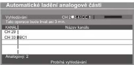 Automatické ladění analogové části Vyhledávání CH 2-841CC 1 Talo operace bude třval asi 3 min. KANÁLÍ Názuv kanálu CH 29 CH 33 BBC1 Analogový: 2 Probihá vyhledávání