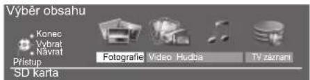 Výběr obsahu Konec Výbrat Navrat Prístup SD karta Fotografiè Video Hudba TV záznani