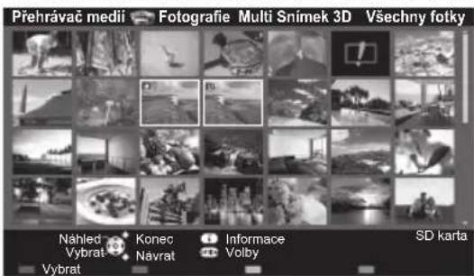 Přehrávač medii Fotografie Multi Snímek 3D Všechny fotky Nähled Konec Informace SD karta Vybrat Návrat Volby Vybrat