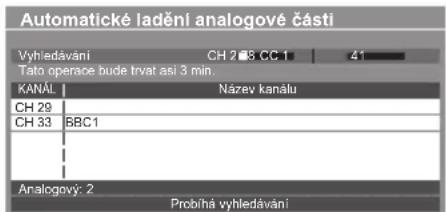 Automatické ladění analogové části Vyhledávání CH 2 GB CC 1 4" Tato operace bude trvat asi 3 min. KANÁL Název kanálu CH 29 CH 33 BBC1 Analogový: 2 Probíhá vyhledávání