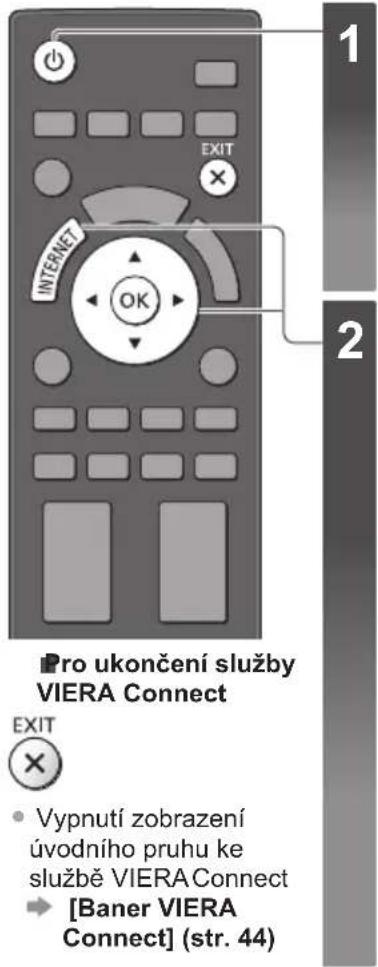 1 EXIT INTERNET OK 2 Pro ukončení služby VIERA Connect EXIT • Vypnutí zobrazení úvodního pruhu ke službě VIERAConnect → [Baner VIERA Connect] (str. 44)