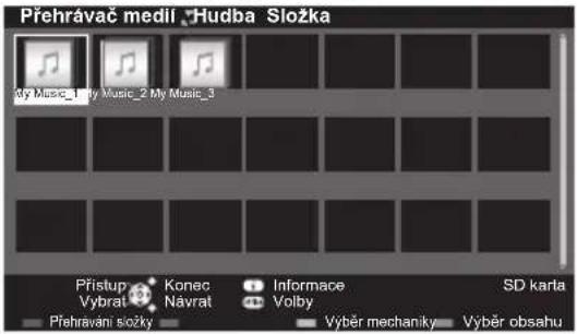 Přehrávač medilí Hudba Složka My Music_1 My Music_2 My Music_3 Přístup Konec Informace SD karla Vybrat Návrat Volby Přehrávani složky Výběr mechaniky Výběr obsahu