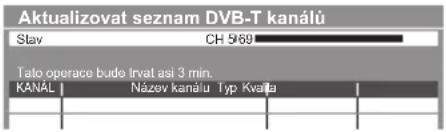 Aktualizovat seznam DVB-T kanálú Stav CH 5169 Tato operace bude trvat asi 3 min. KANÁL Název kanálu Typ Kvala