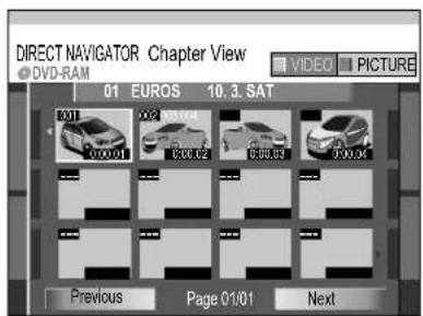 DIRECT NAVIGATOR Chapter View DVD-RAM 01 EUROS 10.3.SAT 001 002 00.04 000.01 00.02 00.03 00.04 Previous Page 01/01 Next VIDEO PICTURE