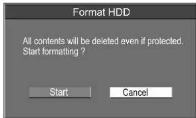 Format HDD All contents will be deleted even if protected. Start formatting? Start Cancel