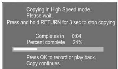 Copying in High Speed mode. Please wait. Press and hold RETURN for 3 sec to stop copying. Completes in 0:04. Percent complete 24%. Press OK to record or play back. Copy continues.