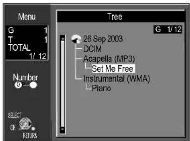 Menu G 1 T 1 TOTAL 1/ 12 Number Select OK RETURN Tree 26 Sep 2003 DCIM Acapella (MP3) Set Me Free Instrumental (WMA) Piano G 1/12