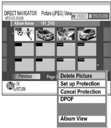 DIRECT NAVIGATOR Picture (JPEG) View DVD-RAM 101_DVD Previous Page 0 Delete Picture OK RETURN Set up Protection Cancel Protection DPOF Album View