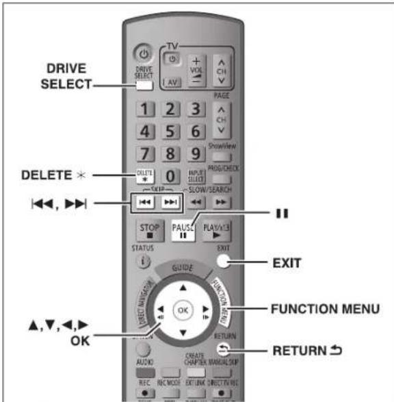 DRIVE SELECT 1 2 3 4 5 6 7 8 9 DELETE * DELETE * 0 SLOW/SEARCH STOP PAUSE PLAY/13 STATUS EXIT GUIDE FUNCTION MENU OK FUNCTION MENU RETURN AUDIO CREATE CHAPTER MANUAL/SIP REC REC MODE EXTUNK DIRECT/VIEW RETURN ↩