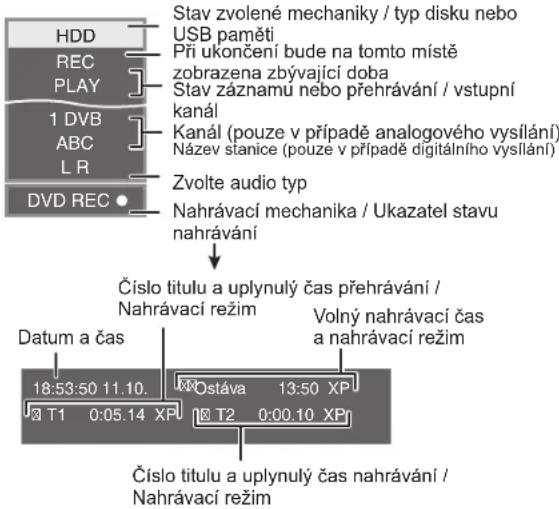 Stav zvolené mechaniky / typ disku nebo USB paměti Při ukončení bude na tomto místě zobrazena zbývající doba Stav záznamu nebo přehrávání / vstupní kanál Kanál (pouze v případě analogového vysílání) Název stanice (pouze v případě digitálního vysílání) Zvolte audio typ DVD REC Nahrávací mechanika / Ukazatel stavu nahrávání Číslo titulu a uplynulý čas přehrávání / Nahrávací režim Volný nahrávací čas a nahrávací režim Datum a čas 18:53:50 11.10. T1 0:05.14 XP Ostáva 13:50 XP T2 0:00.10 XP Číslo titulu a uplynulý čas nahrávání / Nahrávací režim
