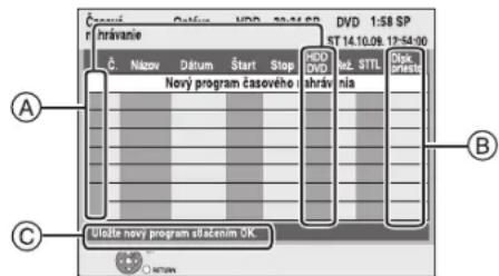 C Názov Dátum Štart Stop Nový program časového HDD DVD shráv Ně. STTIL nla Dpček onwěst A B C Uložte nový program slácením OK
