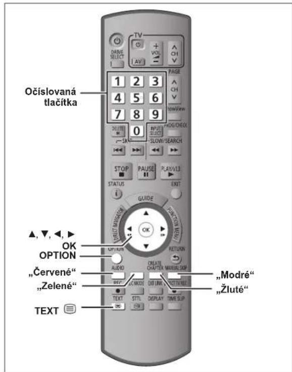 Očíslovaná tlačítka ▲, ▼, ◀, ► OK OPTION „Červené“ „Zelené“ TEXT 1 2 3 4 5 6 7 8 9 0 INPUT ELECT SLOW/SEARCH STOP PAUSE PLAY/LJ STATUS GUIDE RETURN ON MENU OK CREATE CHAPTER MANUAL STOP DATA OUTPUT DISPLAY TIME SUP „Modré“ „Žluté“