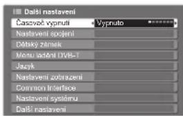 Dalbi nastaveni Časvoč vypnuti Vypruto Nastaveni spojeni Děstaký zámek Kénu išení DVB-1 Jacyk Nastaveni zotrazení Common Interface Nastaveni systému Dalbi nastaveni