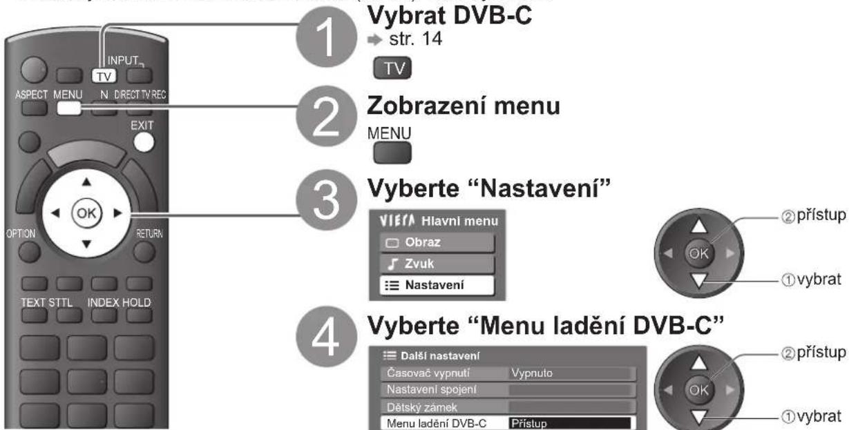 1 Vybrat DVB-C str. 14 TV 2 Zobrazení menu MENU 3 Vyberte "Nastavení" Vielfa Hlavní menu Obraz Zvuk Nastavení 4 Vyberte "Menu ladění DVB-C" Další nastavení Časovač vypnutí Vypnuto Nastavení spojení Dětský zámek Menu ladění DVB-C Prístup ② přístup OK ① vybrat ② přístup OK ① vybrat