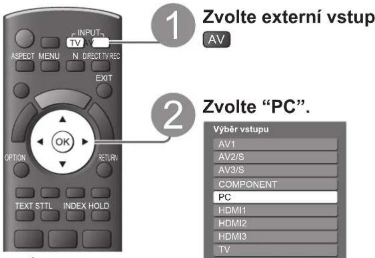 1 Zvolte externí vstup AV 2 Zvolte "PC". Výběr vstupu AV1 AV2/S AV3/S COMPONENT PC HDMI1 HDMI2 HDMI3 TV
