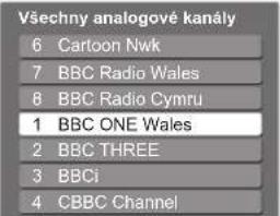 Všechny analogové kanály 6 Cartoon Nwk 7 BBC Radio Wales 8 BBC Radio Cymru 1 BBC ONE Wales 2 BBC THREE 3 BBCi 4 CBBC Channel