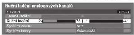 Ruchni ladění analogových kanálů 1 BBC1 Jemná ladění RUční ladění 24 System zvuku System barvy 78 | 1 SC1 Automatický CH33 -41