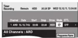 Timer Recording Remain HDD 30:24 SP WED 12.10.11, 12:54:00 Channel Date Start Stop Drive Mode STTL 1 ARD 13.10 THU 22:00 22:30 HDD OFF All Channels : ARD Programme Name