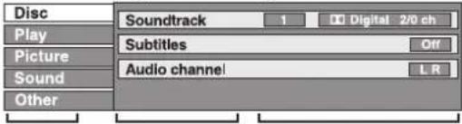 Disc Soundtrack 1 Digital 2/0 ch Play Subtitles Off Picture Audio channel L R Sound Other
