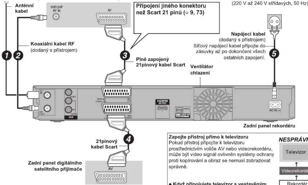 Anténní kabel VHF/UHF RF IN AV Koaxiální kabel RF (dodaný s přístrojem) 3 Připojení jiného konektoru než Scart 21 pinů (≈ 9, 73) (220 V až 240 V střídavých, 50 Hz) Napájecí kabel (dodaný s přístrojem) Sít’ový napájecí kabel připojte do zásuvky až po dokončení všech ostatních zapojení. 5 Plně zapojený 21pinový kabel Scart Ventilátor chlazení AC IN ~ Zadní panel rekordéru 21pinový kabel Scart Zadní panel digitálního satelitního přijímače AV Zapojte přístroj přímo k televizoru Pokud přístroj připojíte k televizoru prostřednictvím voliče AV nebo videorekordéru, může být video signal ovlivněn systémy ochrany proti kopírování a obraz se nemusí zobrazovat správně. ● Kdvž připojujete televizor s vestavěným NESPRÁVN Televizor Videorekordé Rekordér