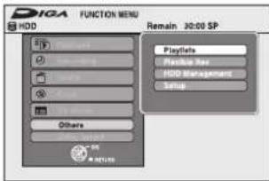 SIGA FUNCTION MENU HDD Remain 30:00 SP Playlets Flexible Run HDD Management Setup Others OK Cancel