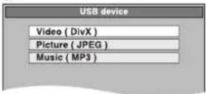 USB device Video ( DivX ) Picture ( JPEG ) Music ( MP3 )